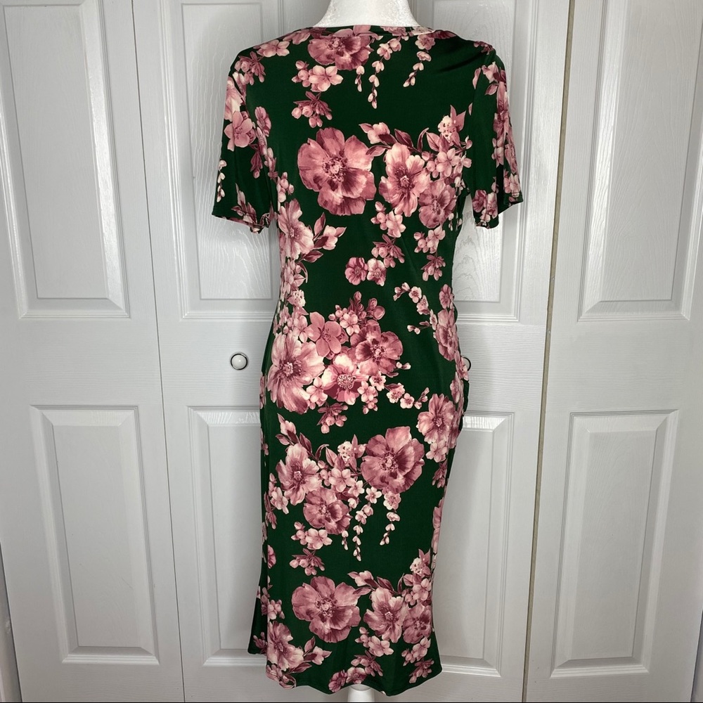 🔥SOLD🔥 Boutique Floral Rouched Midi Dress Green Pink S-L - Picture 8 of 15